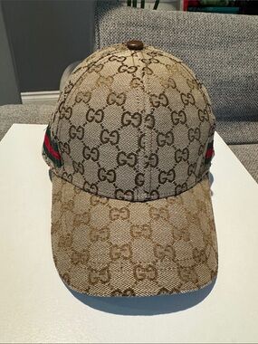 Luxury Beige Monogram Baseball Cap with Red and Green Accent